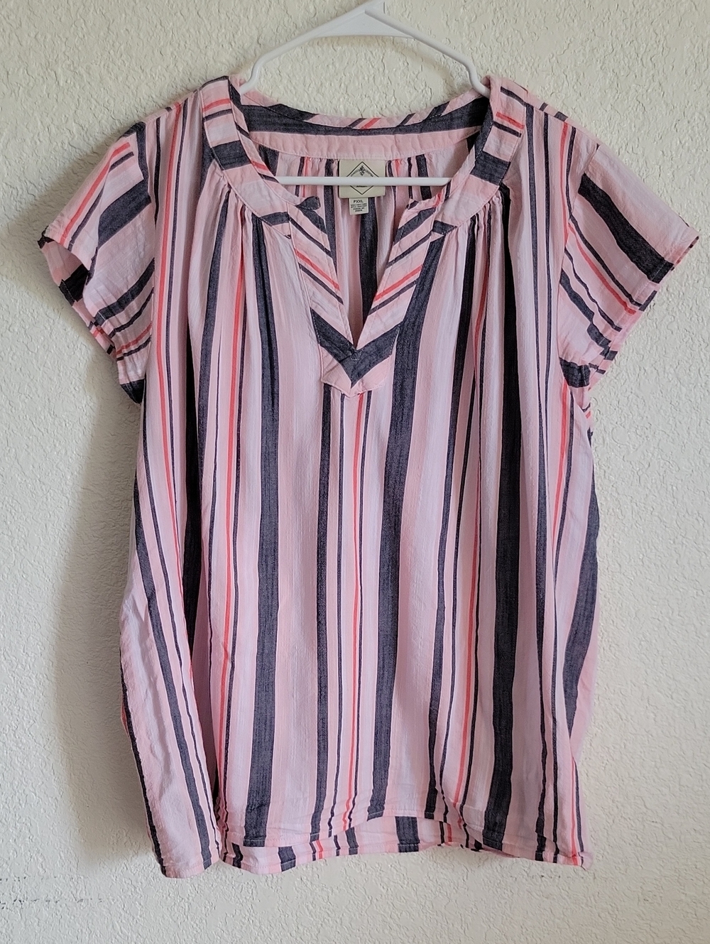 St. John's Bay Pink Navy Striped Short-Sleeve Split V Top